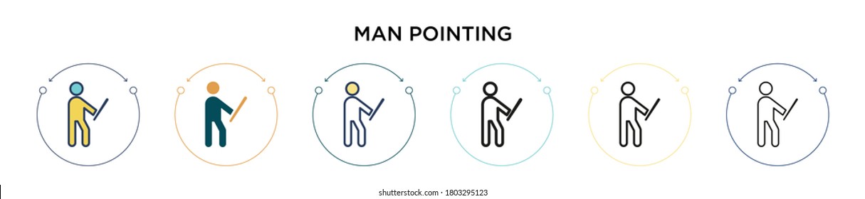 Man pointing icon in filled, thin line, outline and stroke style. Vector illustration of two colored and black man pointing vector icons designs can be used for mobile, ui, web