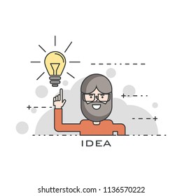 Man pointing at idea light bulb. Illustration thin line design of vector doodles, infographics elements. Infographic design. light bulb.