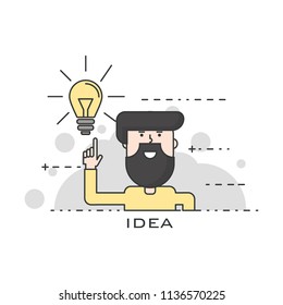 Man pointing at idea light bulb. Illustration thin line design of vector doodles, infographics elements. Infographic design. light bulb.