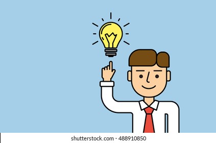 Man pointing at idea light bulb. Colorful funny businessman stands on blue background and points and idea. Concept of new ideas, solution and creativity.