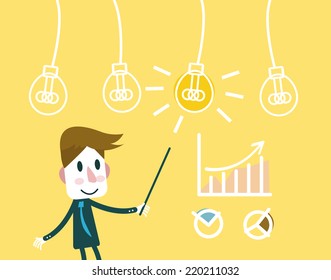 Man pointing at a Idea lightbulb with growth charts. business creativity and successful. flat vector illustration