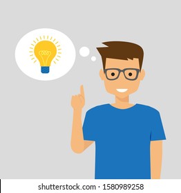 Man pointing up index finger with bubble bulb in speech bubble. Idea, innovation, creativity concept vector illustration