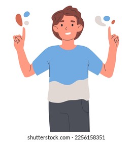 Man pointing up with index fingers. Male character indicating and pointing up flat vector illustration on white background