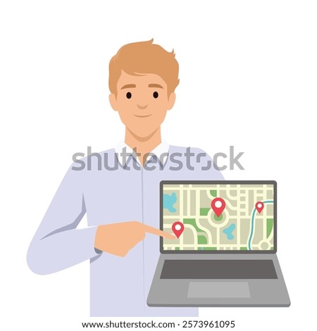 Man pointing to a laptop screen displaying a map with multiple location pins. Flat vector illustration isolated on white background
