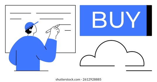 Man pointing at large BUY button with cloud element. Ideal for e-commerce, online shopping, digital marketing, sales strategies, user interactions, web design, and business growth. Line metaphor