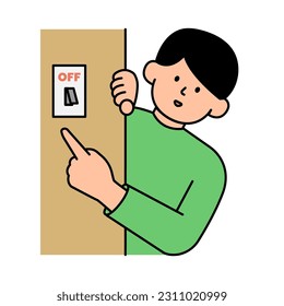 Man Pointing to Light Switch , Turning Off to Save Electricity. Environment, Power and Saving Energy Concept. Cartoon Flat Vector illustration.