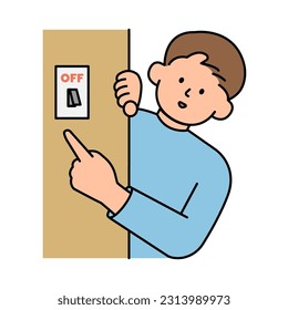 Man Pointing to Light Switch , Turning Off to Save Electricity. Environment, Power and Saving Energy Concept. Cartoon Flat Vector illustration.