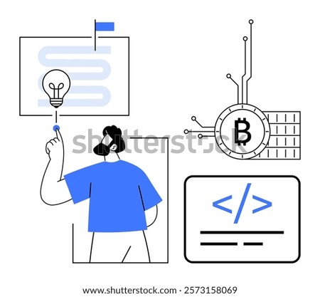Man pointing at a lightbulb, a Bitcoin symbol connected to circuitry, and coding symbols. Ideal for blockchain, cryptocurrency, coding, development, and innovation