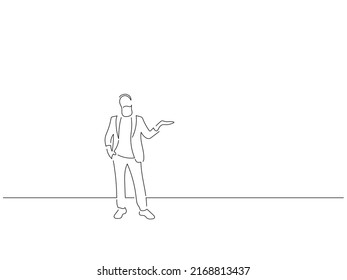 Man pointing in line art drawing style. Composition of a person gesturing. Black linear sketch isolated on white background. Vector illustration design.