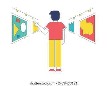 A man is pointing and looking at an abstract painting in a museum hallway. Character design. Vector flat illustration