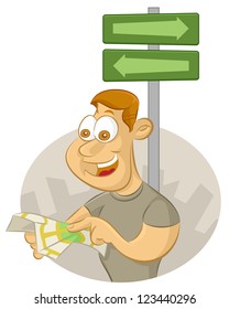 Man pointing at map with direction sign in background