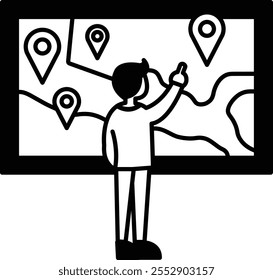 A man pointing at a map on a wall