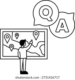 A man pointing at a map on a wall. The map has a question mark and an A on it