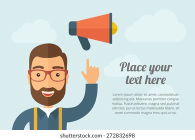 A Man pointing the megaphone icon. A contemporary style with pastel palette, light blue cloudy sky background. Vector flat design illustration. Horizontal layout with text space on right part.