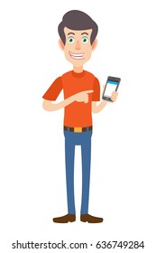 Man pointing at mobile phone in his hand. Full length portrait of Cartoon Man in red t-shirt. Vector illustration in a flat style.