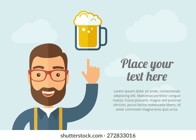 A Man pointing the mug of beer icon. A contemporary style with pastel palette, light blue cloudy sky background. Vector flat design illustration. Horizontal layout with text space on right part.