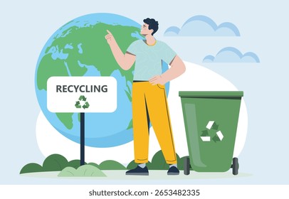 Um homem apontando perto de uma lixeira e assinando com a Terra em segundo plano, estilo plano no fundo azul claro do céu, conceito de consciência ambiental. Ilustração vetorial