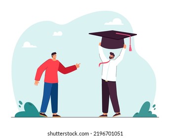 Man pointing at office person holding huge graduation hat. Employer hiring male character with degree flat vector illustration. Education, graduation, employment concept for banner or landing web page