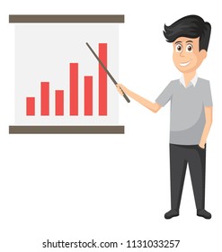 
A  man pointing on a bar graph while giving presentation representing business evaluation. 
