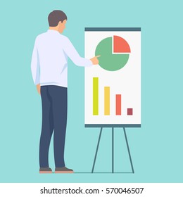 Man pointing on flip chart with diagram. Presentation process. Vector illustration