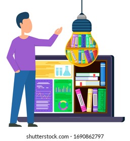 Man pointing on light bulb that uses like bookcase. Student stand near laptop with educational materials from history and science. Virtual or electronic library on monitor. Vector illustration in flat