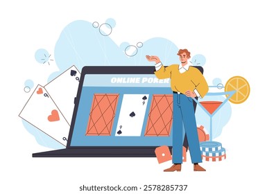 Man pointing to an online poker interface on a laptop screen, surrounded by cards, dice, chips, and a cocktail. Bright, minimalist vector illustration