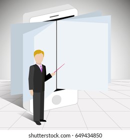 The man is pointing at the page of the book. E-book in the phone. Found in the book idea for business.