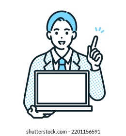 A man with a pointing pose. Illustration material of a laptop and a businessman.