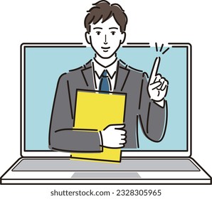 A man with a pointing pose jumping out of a personal computer