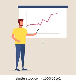 Man is pointing at presentation screen board. Business seminar, review of financial, marketing data, charts. Full length male business character in modern simple and clear flat style