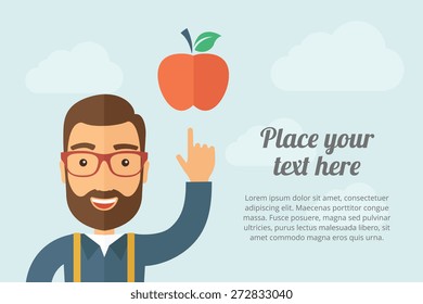 A Man pointing the red apple icon. A contemporary style with pastel palette, light blue cloudy sky background. Vector flat design illustration. Horizontal layout with text space on right part.