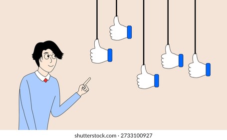 A man pointing at a row of hanging thumbs. The thumbs are all pointing in different directions, and the man is looking at them.