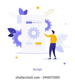 Man pointing at scheme or blueprint with gear wheels. Concept of script, program code, scripting programming language, software development, coding project. Modern flat colorful vector illustration.