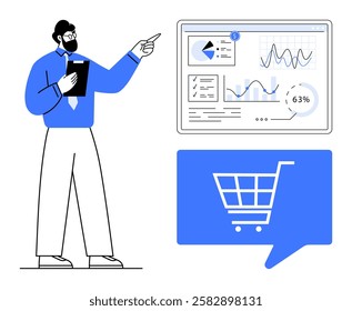 Man pointing at screen displaying charts and graphs, holding clipboard. Blue shopping cart speech bubble below. Ideal for presentations, e-commerce, data analysis, retail, marketing, strategy