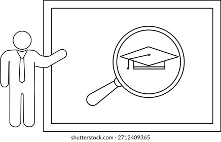 Man pointing at a screen with a graduation cap under a magnifying glass