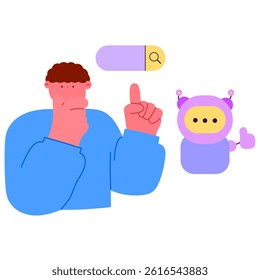 Man pointing at a search bar with AI elements surrounding, symbolizing artificial intelligence in digital search and innovation flat vector illustration