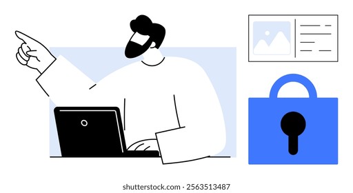 A man pointing is seated with a laptop. Nearby are a padlock symbol and a screen with graph. Ideal for technology, security, computer, privacy, internet. Simple modern vector style