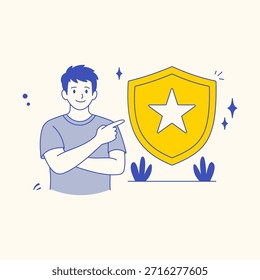 Homem apontando para o crachá com o símbolo de estrela