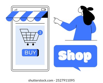 Hombre apuntando al Carrito de compras dentro del teléfono inteligente con Botón de compra. Ideal para comercio electrónico, venta minorista en línea, compras móviles, marketing digital y tecnología. Estilo minimalista moderno