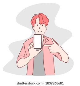 Man pointing at smartphone. Hand drawn flat character.