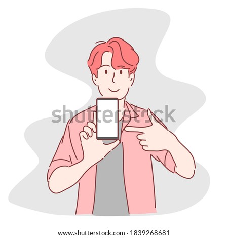 Man pointing at smartphone. Hand drawn flat character.
