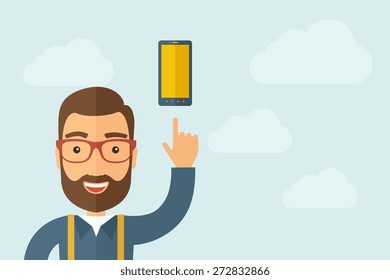 Um homem apontando o ícone do smartphone. Um estilo contemporâneo com paleta pastel, fundo azul claro do céu nublado. Ilustração de design plano vetorial. Layout horizontal com espaço de texto na parte direita.