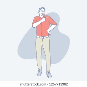 A man is pointing and smiling. hand drawn style vector design illustrations.