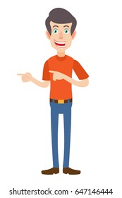 Man pointing something beside of him. Full length portrait of Cartoon Man in red t-shirt. Vector illustration in a flat style.