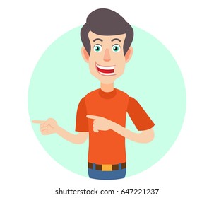 Man pointing something beside of him. Portrait of Cartoon Man in red t-shirt. Vector illustration in a flat style.
