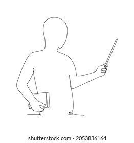 Man pointing the at something in continuous line art drawing style. Person extending arm to point copy space. Minimalist black linear sketch isolated on white background. Vector illustration