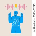 Man pointing sound wave from microphone. Colorful vector illustration 
