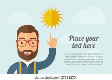 A Man pointing the sun icon. A contemporary style with pastel palette, light blue cloudy sky background. Vector flat design illustration. Horizontal layout with text space on right part.