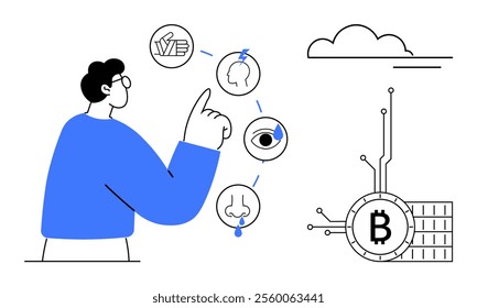 Man pointing at symbols representing senses. Digital Bitcoin icon with circuits and cloud overhead. Ideal for technology, cryptocurrency, human senses, digital economy, education. Clean modern style