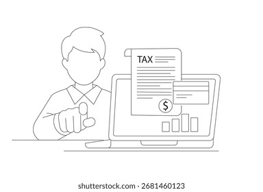 Un hombre señala un formulario de impuestos en una pantalla de computadora. Ilustración vectorial de dibujo continuo de una línea aislada sobre un fondo blanco. Concepto de negocios y finanzas.